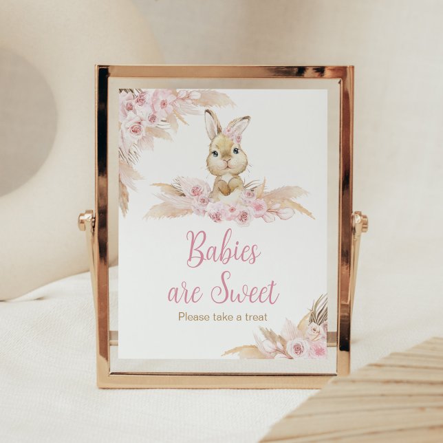Pink Boho Bunny Baby Dusche Babys sind süß Poster (Pampas Grass Girl Bunny Baby Shower Babies are Sweet Sign)