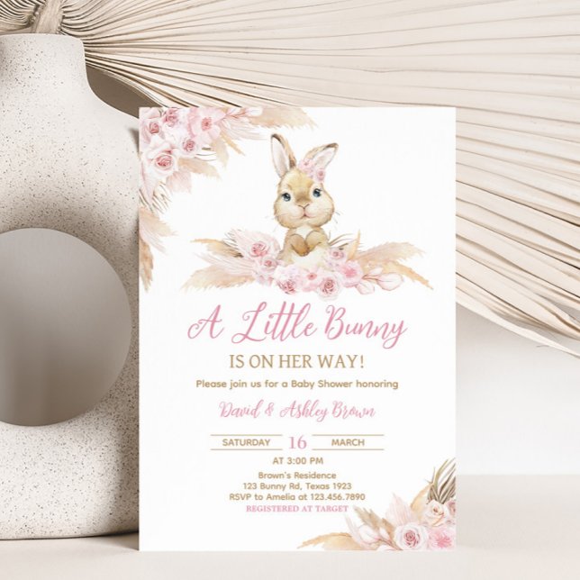 Pink Boho Bunny Baby Dusche Einladung (Pampas Grass Girl Bunny Baby Shower Invitation)