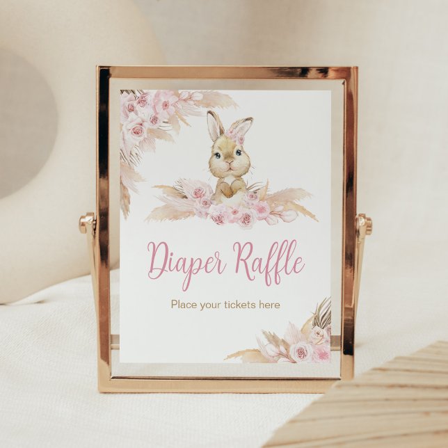 Pink Boho Bunny Baby Dusche Winzer Raffle Poster (Pampas Grass Girl Bunny Baby Shower Diaper Raffle Sign)
