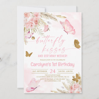 Pink Boho Butterfly Kisses und Birthday Wünsche Einladung