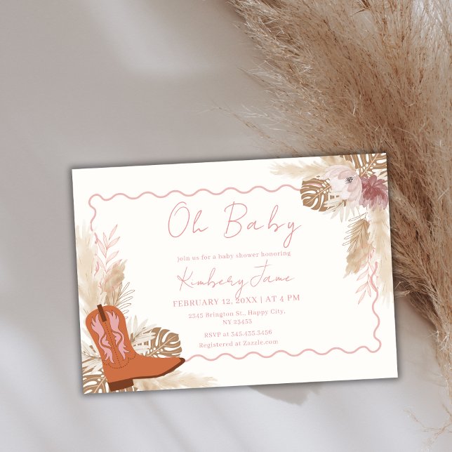 Pink Boho Cowgirl Boots Pampas Grass Baby Dusche Einladung (Pink Boho Cowgirl Boots Pampas Grass Baby Shower Invitation)