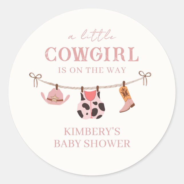 Pink Boho Cowgirl Clothesline Cowhide Babydusche Runder Aufkleber (Vorderseite)