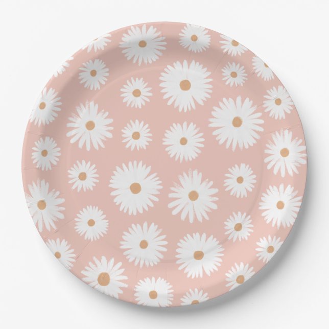 Pink Boho Daisy Floral Girl Babydusche Pappteller (Vorderseite)