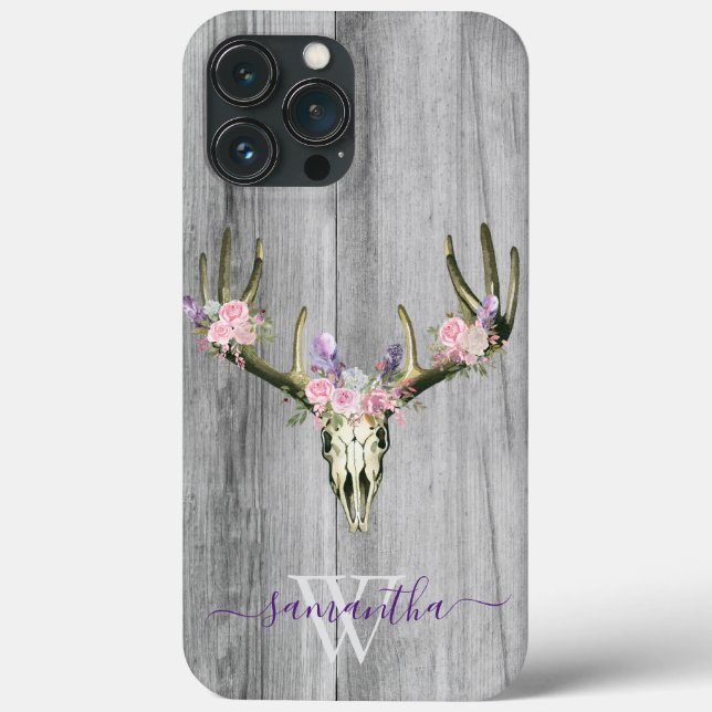 Pink Boho Deer Skull Floral Monogram Chic Case Mat (Rückseite)