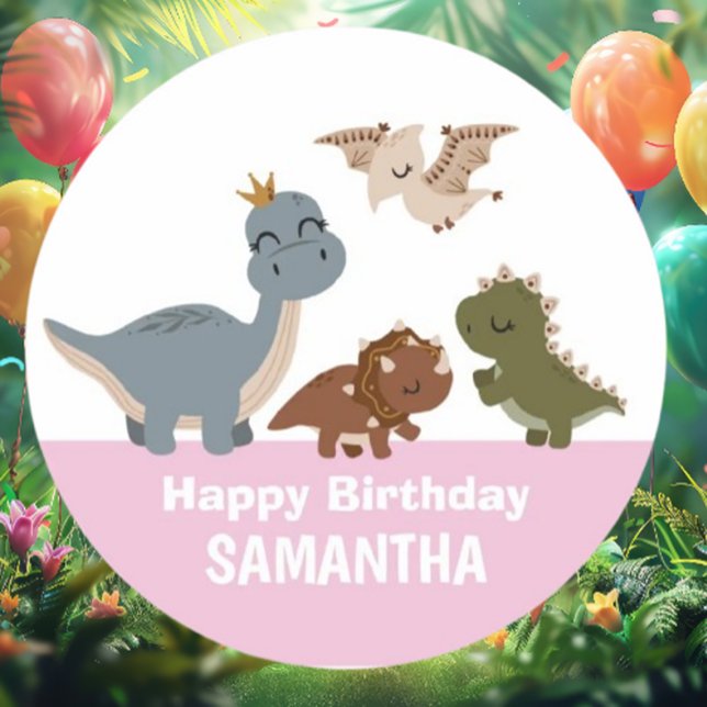 Pink Boho Dinosaur Geburtstagsparty Runder Aufkleber (Discover adorable pink Boho dinosaur baby stickers that add a playful touch )