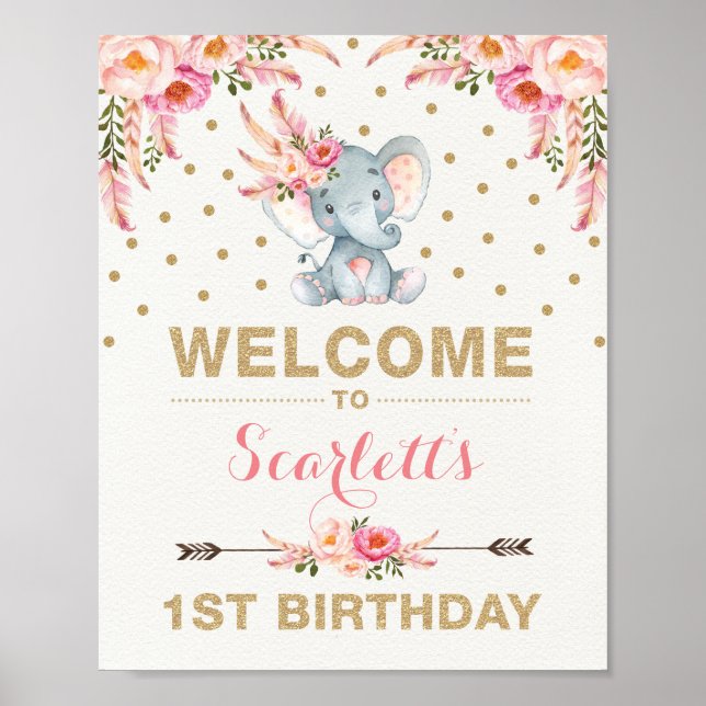 Pink Boho Elephant Erster Geburtstag Begrüßungszei Poster (Vorne)