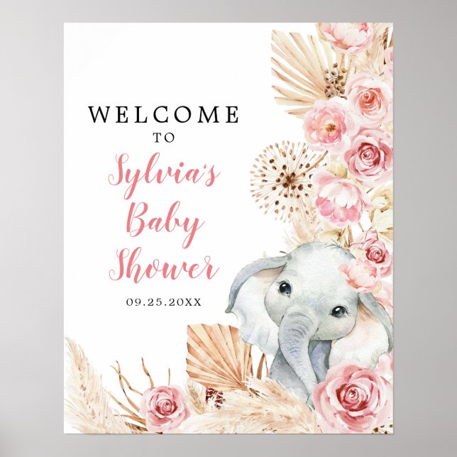 Pink Boho Elephant Girl Baby Dusche Begrüßungszeic Poster (Vorne)