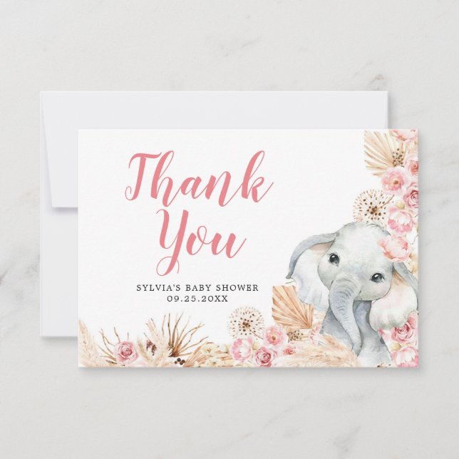Pink Boho Elephant Girl Baby Dusche Danke Karte (Vorderseite)