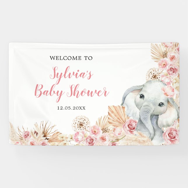 Pink Boho Elephant Girl Baby Dusche Große Banner (Horizontal)
