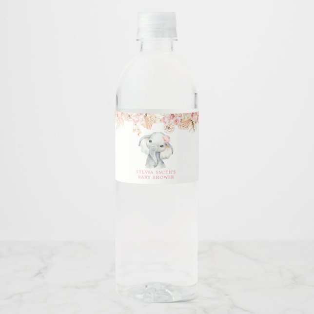 Pink Boho Elephant Girl Baby Dusche Wasser Flasche (Vorderseite)