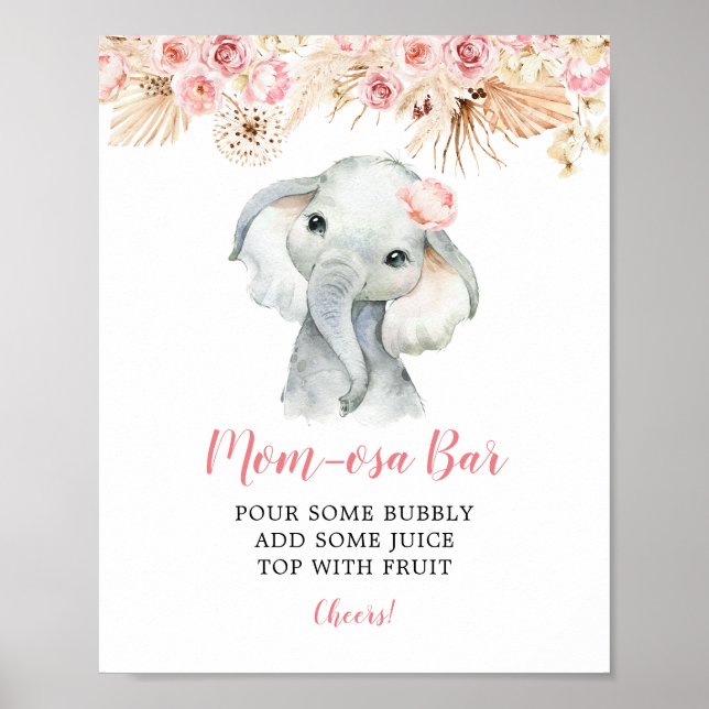 Pink Boho Elephant Girl Baby Shower Mama osa Bar Poster (Vorne)