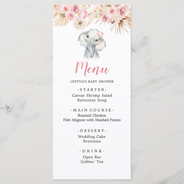 Pink Boho Elephant Girl Baby Showmenü Menükarte (Vorderseite)