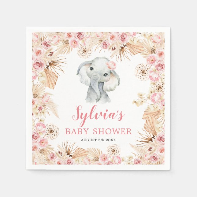 Pink Boho Elephant Girl Babydusche Papier Napkin Serviette (Vorderseite)