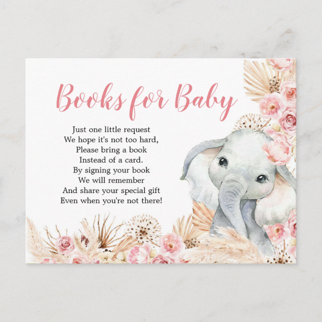 Pink Boho Elephant Girl Showbücher für Baby Einladungspostkarte (Vorderseite)