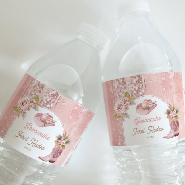 Pink Boho First Rodeo 1. Geburtstag (Pink Boho First Rodeo 1st Birthday Water Bottle Label)