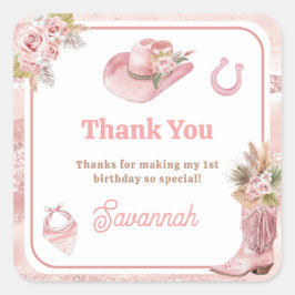 Pink Boho First Rodeo 1. Geburtstag Quadratischer Aufkleber