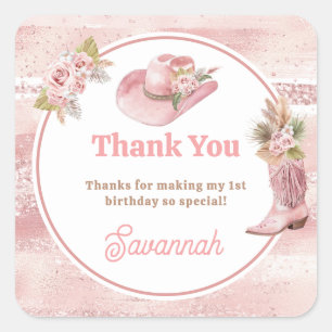 Pink Boho First Rodeo 1. Geburtstag Quadratischer Aufkleber