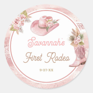 Pink Boho First Rodeo 1. Geburtstag Runder Aufkleber