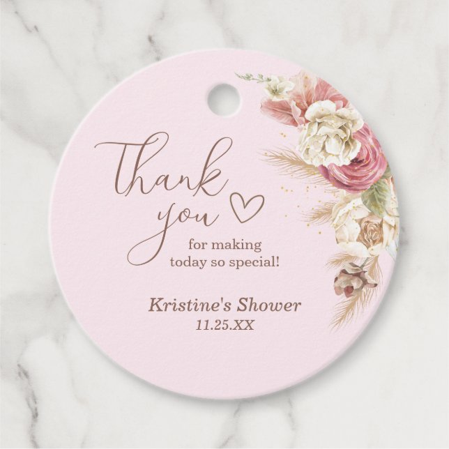 Pink Boho Floral Baby Dusche Danke Nachricht Geschenkanhänger (Vorderseite)