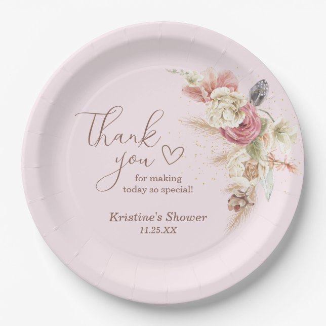 Pink Boho Floral Baby Dusche Danke Nachricht Pappteller (Vorderseite)