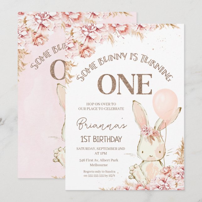 Pink Boho Floral Bunny 1. Geburtstag Einladung (Vorne/Hinten)