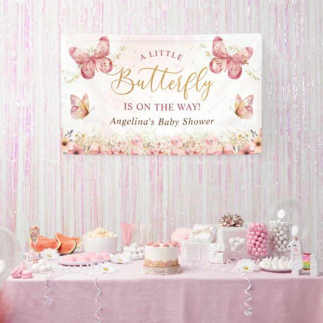 Pink Boho Floral Butterfly Babydusche Banner (Party)