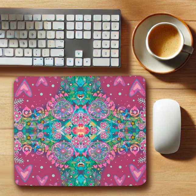 Pink Boho Floral Herzmuster fröhlich Hübsch Mousepad (Von Creator hochgeladen)