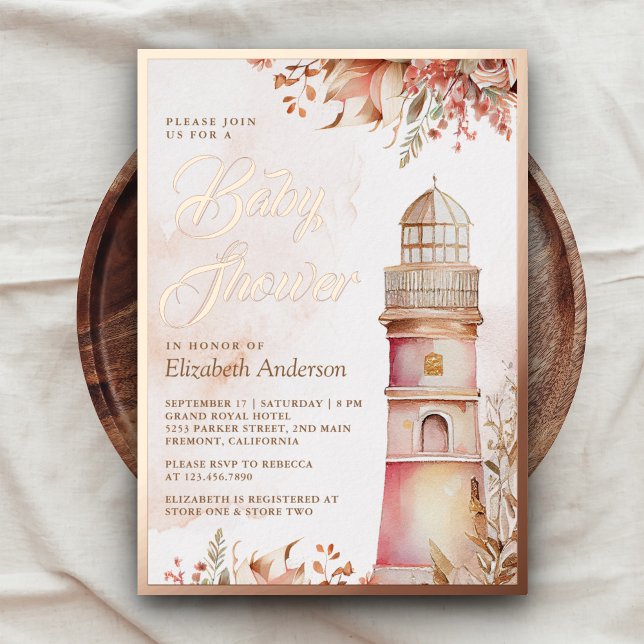 Pink Boho Floral Lighthouse Kinderdusche Rose Gold Folieneinladung (Von Creator hochgeladen)