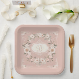 Pink Boho Floral Monogramm Pappteller