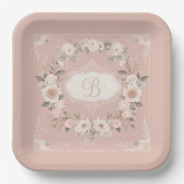 Pink Boho Floral Monogramm Pappteller