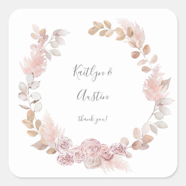 Pink Boho Floral Vielen Dank Quadratischer Aufkleber (Vorderseite)