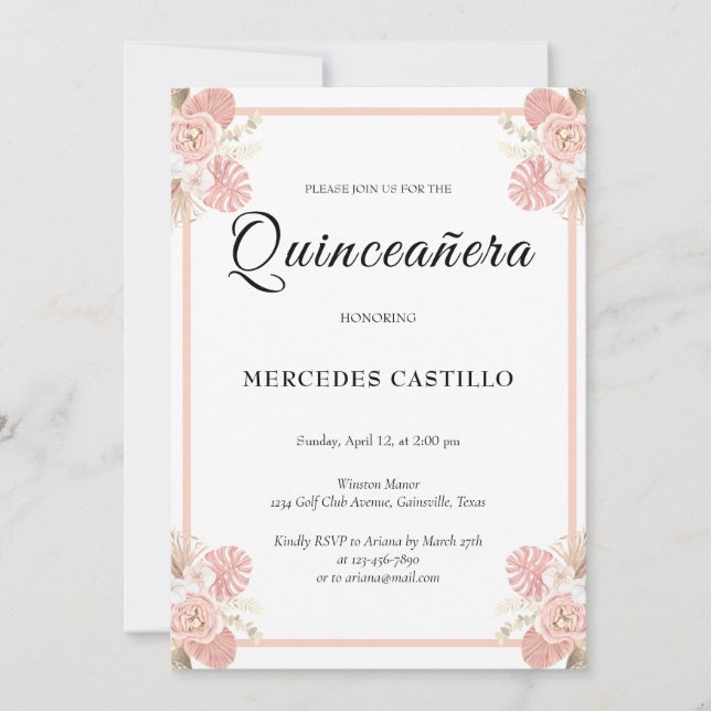 Pink Boho Floral Wreath Quinceañera Einladung (Vorderseite)