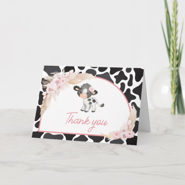 Pink Boho Highland Cow Baby Dusche Dankeskarte (Vorderseite)