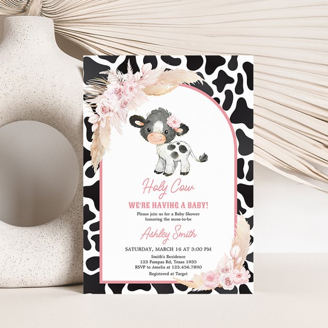 Pink Boho Highland Cow Baby Dusche Einladung (Girl Floral Highland Cow Baby Shower Invitation)