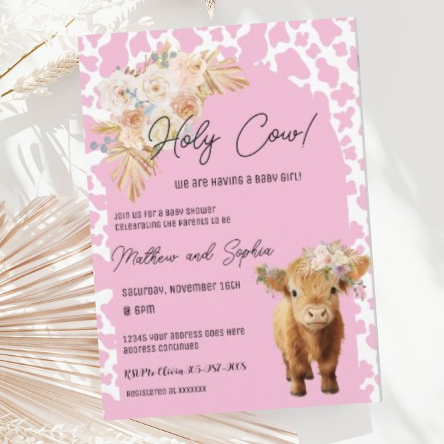 Pink Boho Holy Cow Girl Baby shower Invitation (Créateur téléchargé)