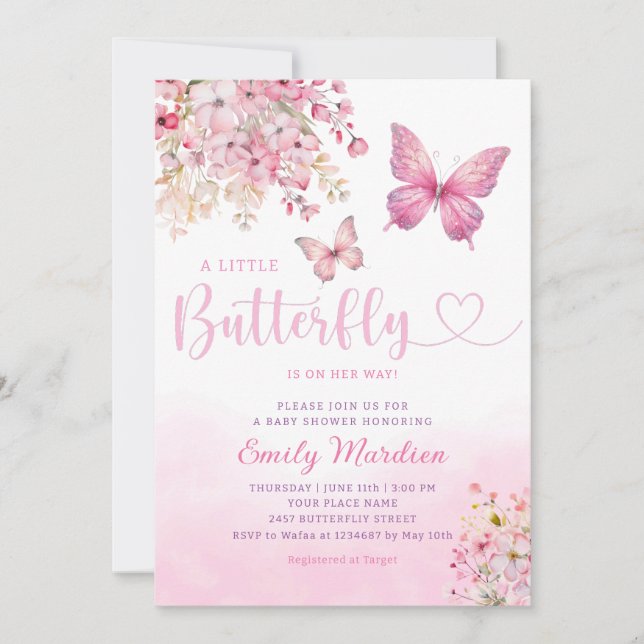 Pink Boho moderne Floral Butterfly Girl Babydusche Einladung (Vorderseite)