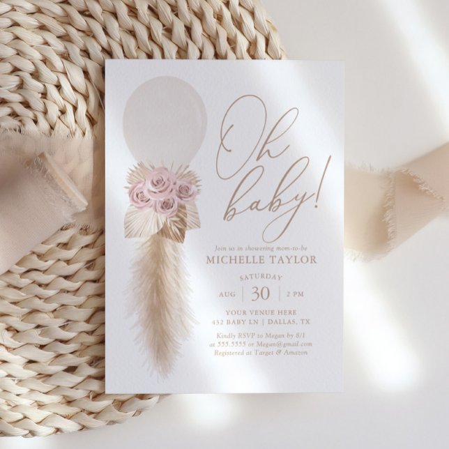Pink Boho Pampas Grass Balloon Girl Baby Dusche Einladung (Von Creator hochgeladen)
