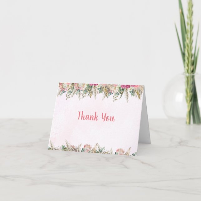 Pink Boho Pampas Grass Bridal Shower Thank You Dankeskarte (Vorderseite)