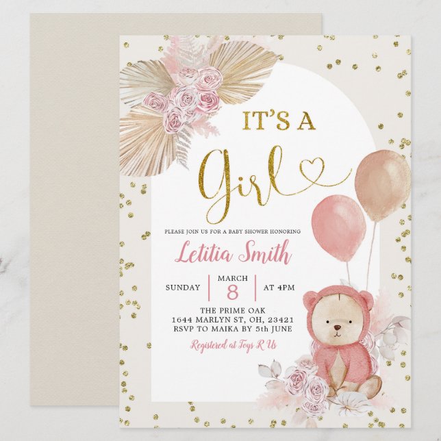 Pink Boho Pampas Grass Girl Babydusche Einladung (Vorne/Hinten)