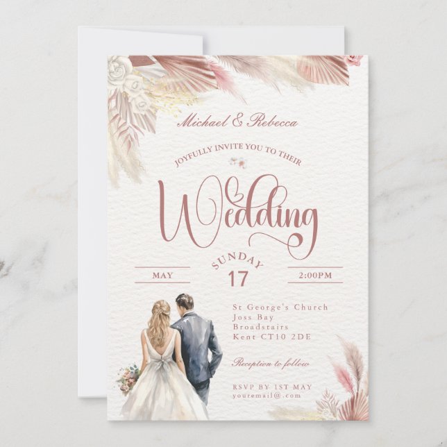 Pink Boho Pampas Grass Wedding Stationery Einladung (Vorderseite)