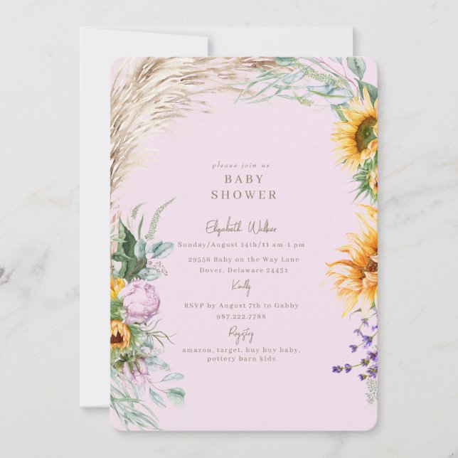 Pink Boho Pampas Sonnenblume Peony Baby Dusche Einladung (Vorderseite)