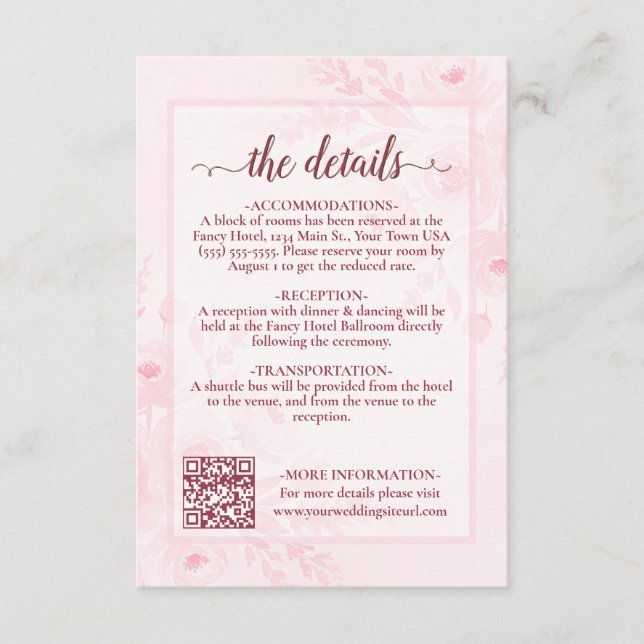 Pink Boho Peonies Wedding Details QR Code Begleitkarte (Vorderseite)