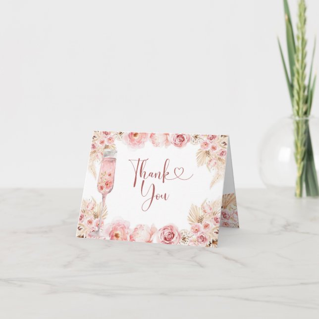 Pink Boho Petals und Prosecco Faltkarte Dankeskarte (Vorderseite)