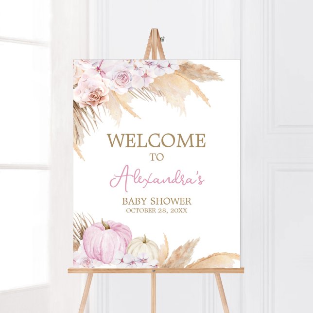 Pink Boho Pumpkin Baby Dusche Willkommen Poster (Boho Pampas Grass Baby Shower Welcome Sign)