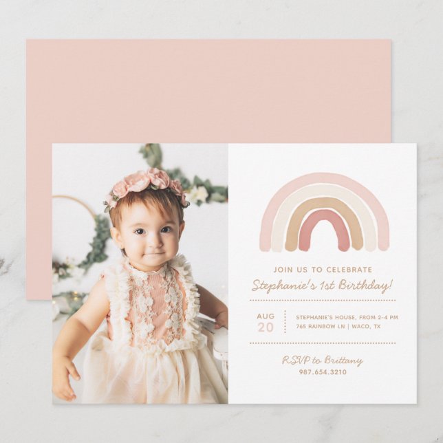 Pink Boho Rainbow Girl Birthday Party Foto Einladung (Vorne/Hinten)