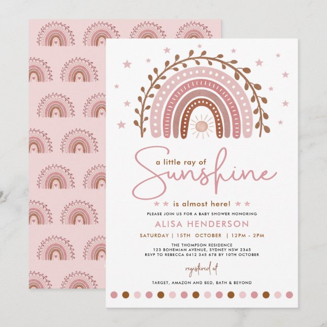 Pink Boho Ray of Sunshine Rainbow Girl Baby Shower Einladung (Vorne/Hinten)