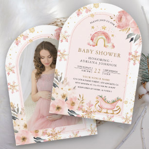Pink Boho Regenbogen Winter Foto Baby Shower Einladung