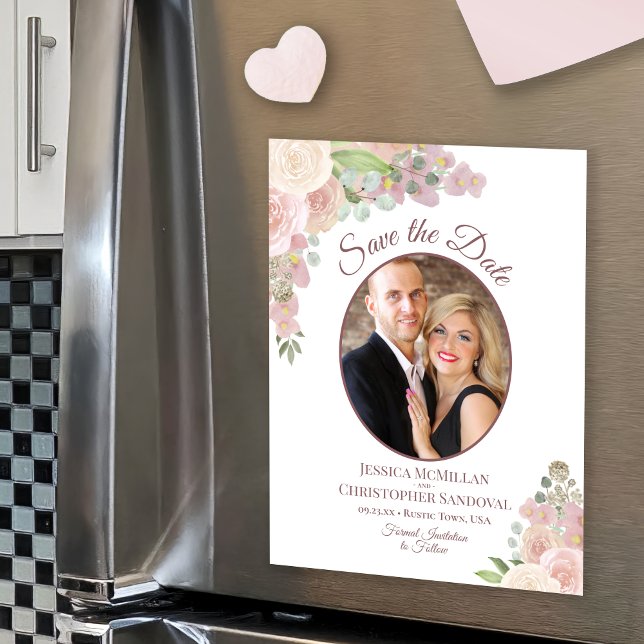 Pink Boho Rose Hochzeit Speichern Sie das Date Fot Magnetkarte (Von Creator hochgeladen)