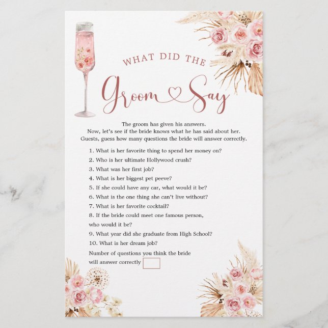 Pink Boho Rose Soiree Brautparty Groom Say Game (Vorderseite)