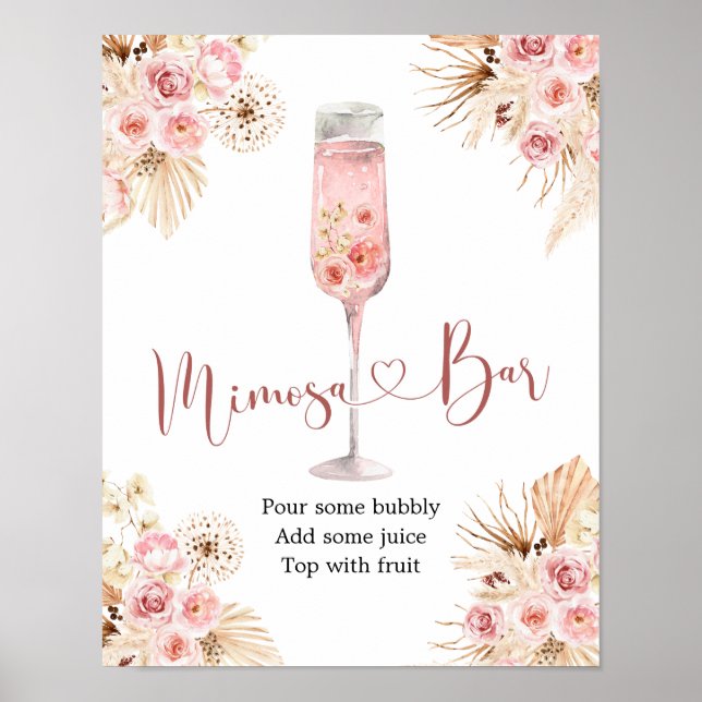 Pink Boho Rose Soiree Brautparty Mimosa Bar Poster (Vorne)